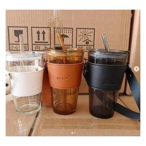 Kubek z kolorowego szkła na Kawę Herbatę ze słomką i zamknięciem 450 ML CUP09GRAF