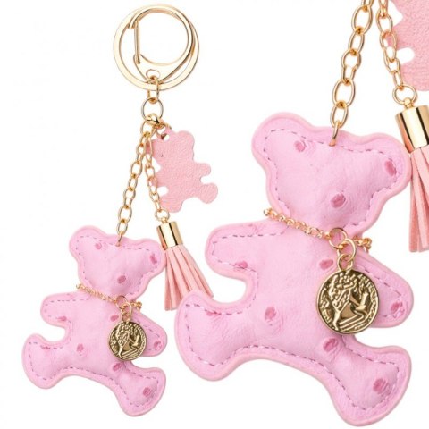 Brelok do kluczy skórzany MIŚ różowy, frędzle BRL356