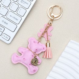 Brelok do kluczy skórzany MIŚ różowy, frędzle BRL356