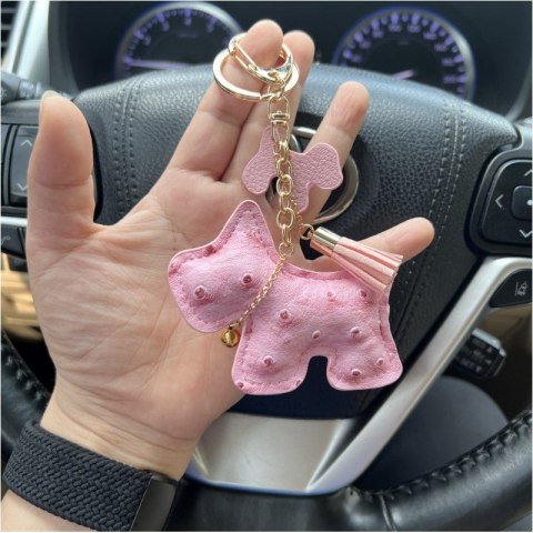 Brelok do kluczy skórzany PIESEK różowy, frędzle BRL355