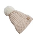 Czapka zimowa dzianinowa z pomponem i naszywką, kremowa CZ33WZ1