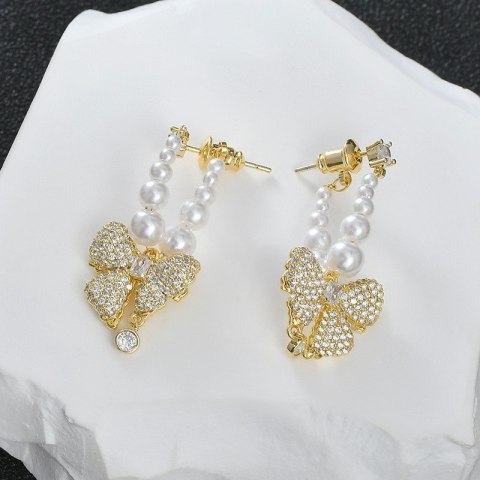 Kolczyki KOKARDY ze stali szlachetnej platerowane 14k złote, perły, sztyft S925 KST3342