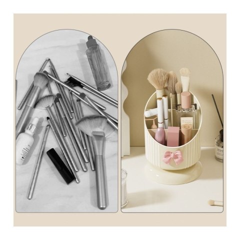 Organizer na pędzle, Kremowy z różową KOKARDKĄ 15,8 x 11 cm CB67