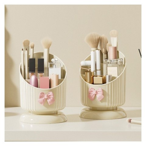 Organizer na pędzle, Kremowy z różową KOKARDKĄ 15,8 x 11 cm CB67