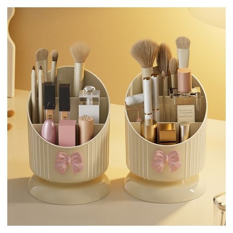 Organizer na pędzle, Kremowy z różową KOKARDKĄ 15,8 x 11 cm CB67