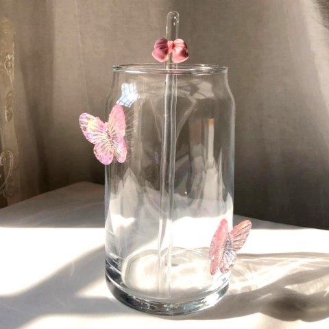 Szklanka wysoka ze słomką, MOTYLKI róż 500 ml, 1 szt- SZK163
