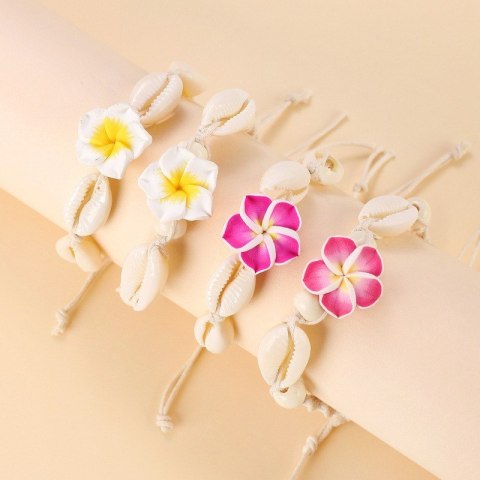 Bransoletka 2w1 na stopę i rękę, na sznurku, MUSZELKI i KWIAT HAWAJSKI B542ZO