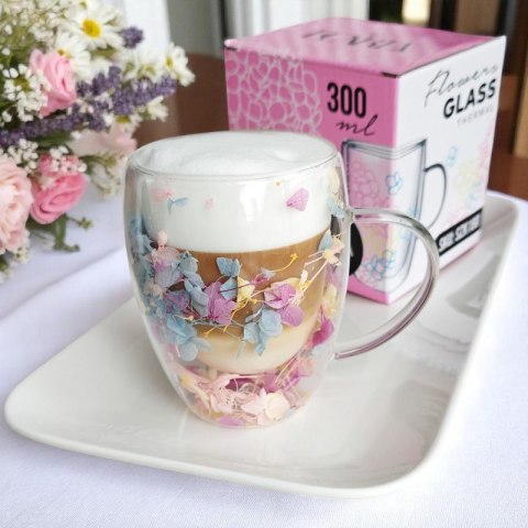 Szklanka termiczna z kwiatami w środku, gipsówka hortensje róż 300 ml 1szt SZK180
