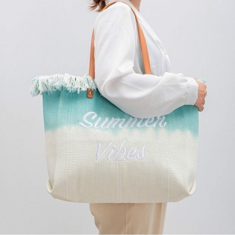 TORBA PLAŻOWA, Wakacyjna BOHO Z frędzlami zielona ombre, na zakupy TP14ZIE