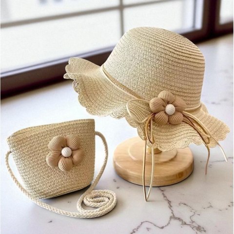 ZESTAW torebka i kapelusz 52cm dla dziewczynki słomiane KWIAT CZ55