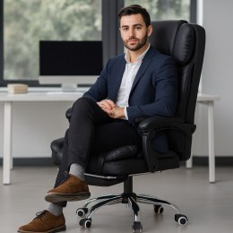 Fotel biurowy obrotowy MASTER PRESTIGE, podnóżek i masażer- ecoskóra czarny KO42CZ