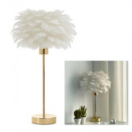 Elegancka lampa nocna stołowa z kloszem z białych piór ściemniacz 3 kolory świecenia na komode USB OZD12