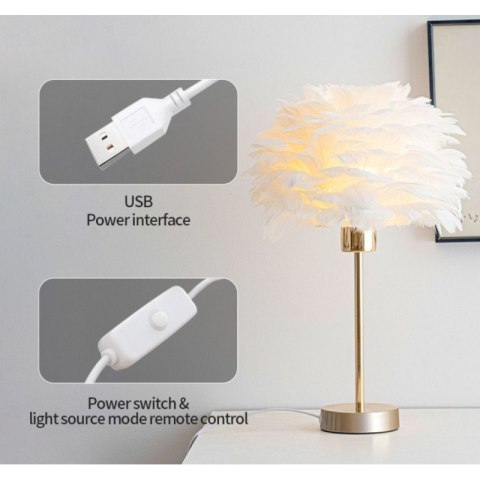 Elegancka lampa nocna stołowa z kloszem z białych piór ściemniacz 3 kolory świecenia na komode USB OZD12