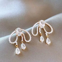 Kolczyki ze stali szlachetnej pozłacane 14k złotem, cyrkonie perły KST3474