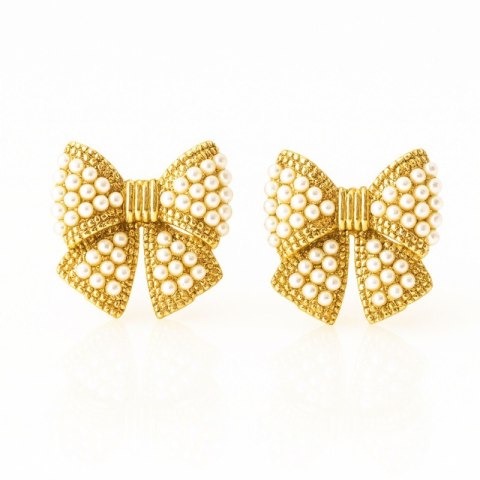 Kolczyki ze stali szlachetnej pozłacane 14k złotem, perełkowe Kokardki KST3511