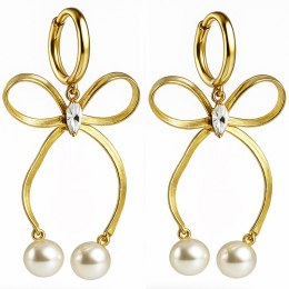 Kolczyki ze stali szlachetnej pozłacane 14k złotem, wiszące kokardy z perełkami KST3453