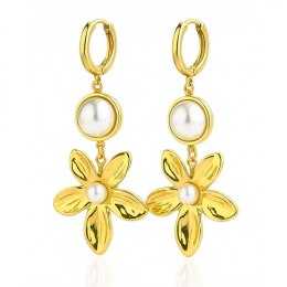 Kolczyki ze stali szlachetnej pozłacane 14k złotem, wiszące kwiaty z perłą KST3440