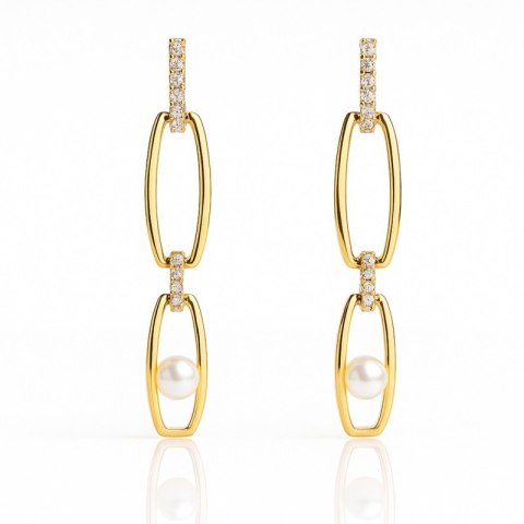 Kolczyki ze stali szlachetnej pozłacane 14k złotem, wiszące z Perłą KST3522