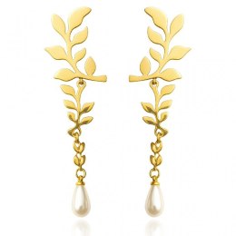 Kolczyki ze stali szlachetnej pozłacane 14k złotem, wiszące z perłą KST3449