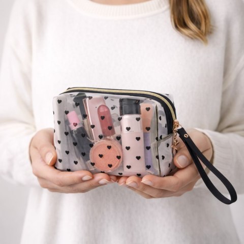 Kosmetyczka damska transparentna czarne serca 12x18x8cm KS126