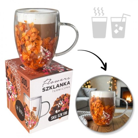 Szklanka termiczna z kwiatami w środku, gipsówka, hortensje, pomarańczowy róż 300 ml 1szt SZK196