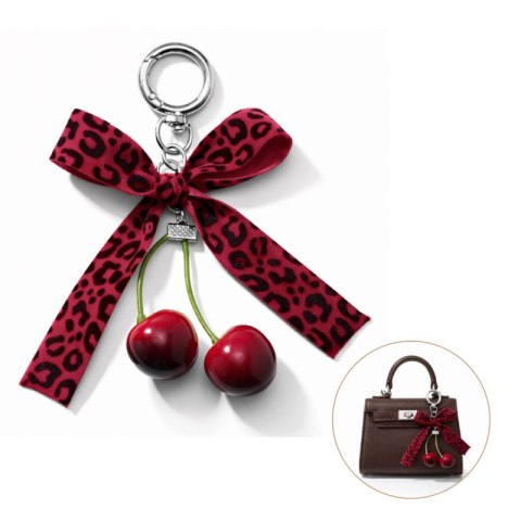 Brelok do kluczy KOKARDA w panterkę i WISIENKI bordowe BRL403