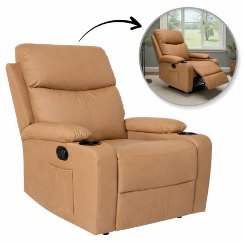 Fotel, sofa rozkładana jednoosobowa VERO z uchwytem na napój, ekoskóra karmel SOF01KAR