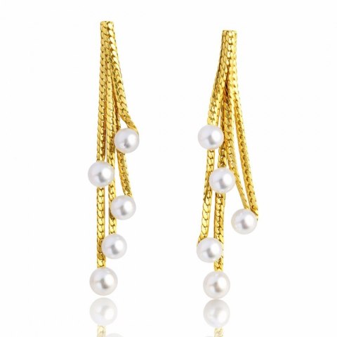 Kolczyki ze stali szlachetnej pozłacane 14k złotem, efektowne, wiszące perełki KST3507