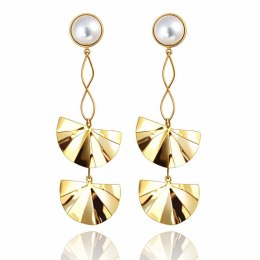 Kolczyki ze stali szlachetnej pozłacane 14k złotem, perły, efektowne, wiszące blaszki KST3505