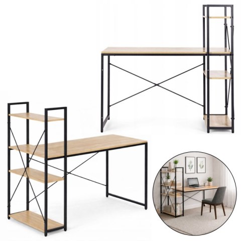 Loftowe biurko komputerowe z regałem, półkami, 120 x 60cm, czarne, blat jasny brąz STL24JBR