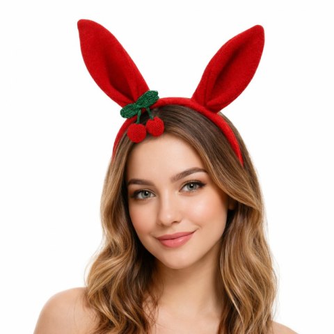 Opaska do włosów, ozdobna Uszy Królika Czerwone z Wisienkami OPK17